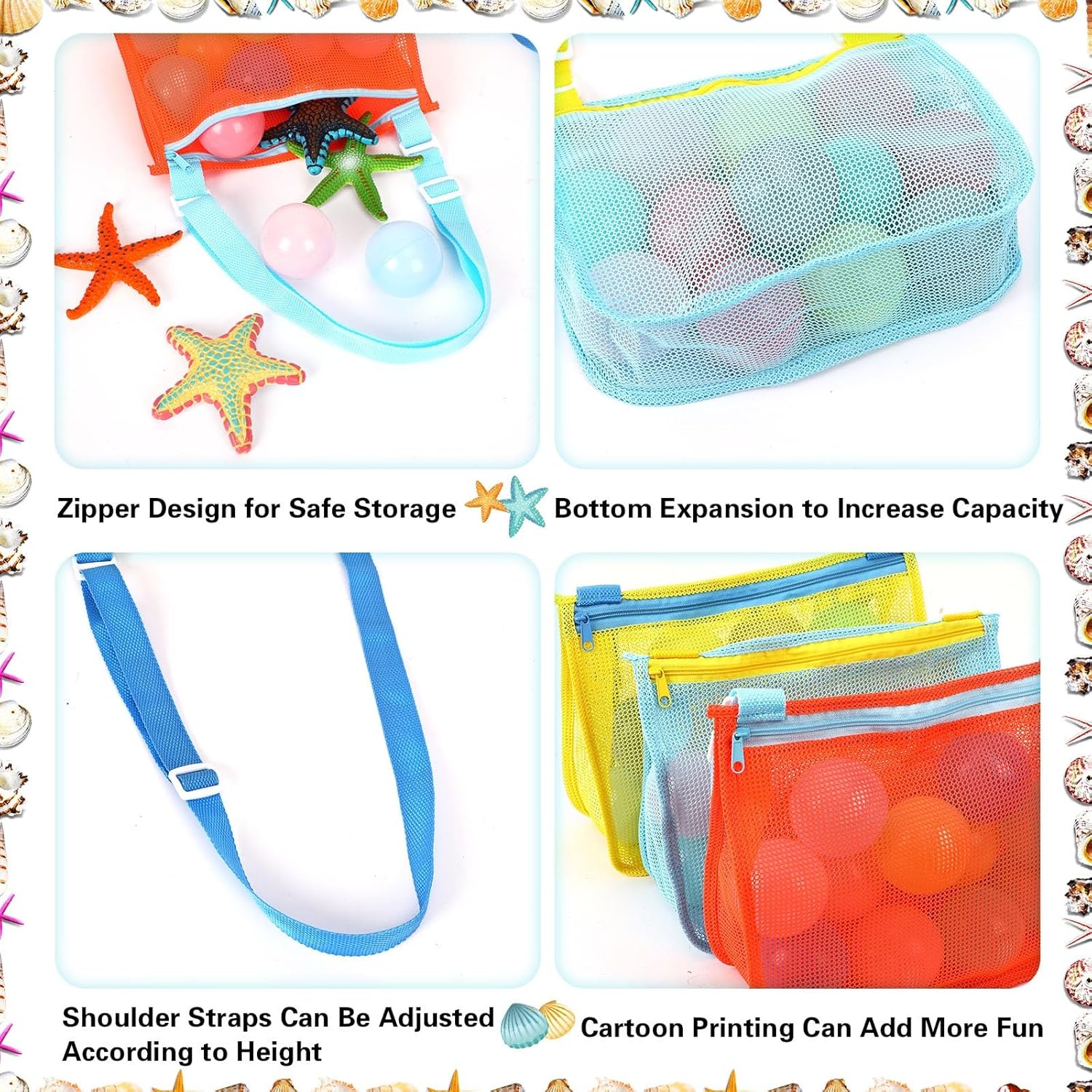 3 Pack Beach Toys Mesh Beach Bag Seashell Bag Sand Toy Shell Collecting For Holding Shells Swimming Pool Storage With Adjustable Carrying Straps For Boys And Girls Clearance