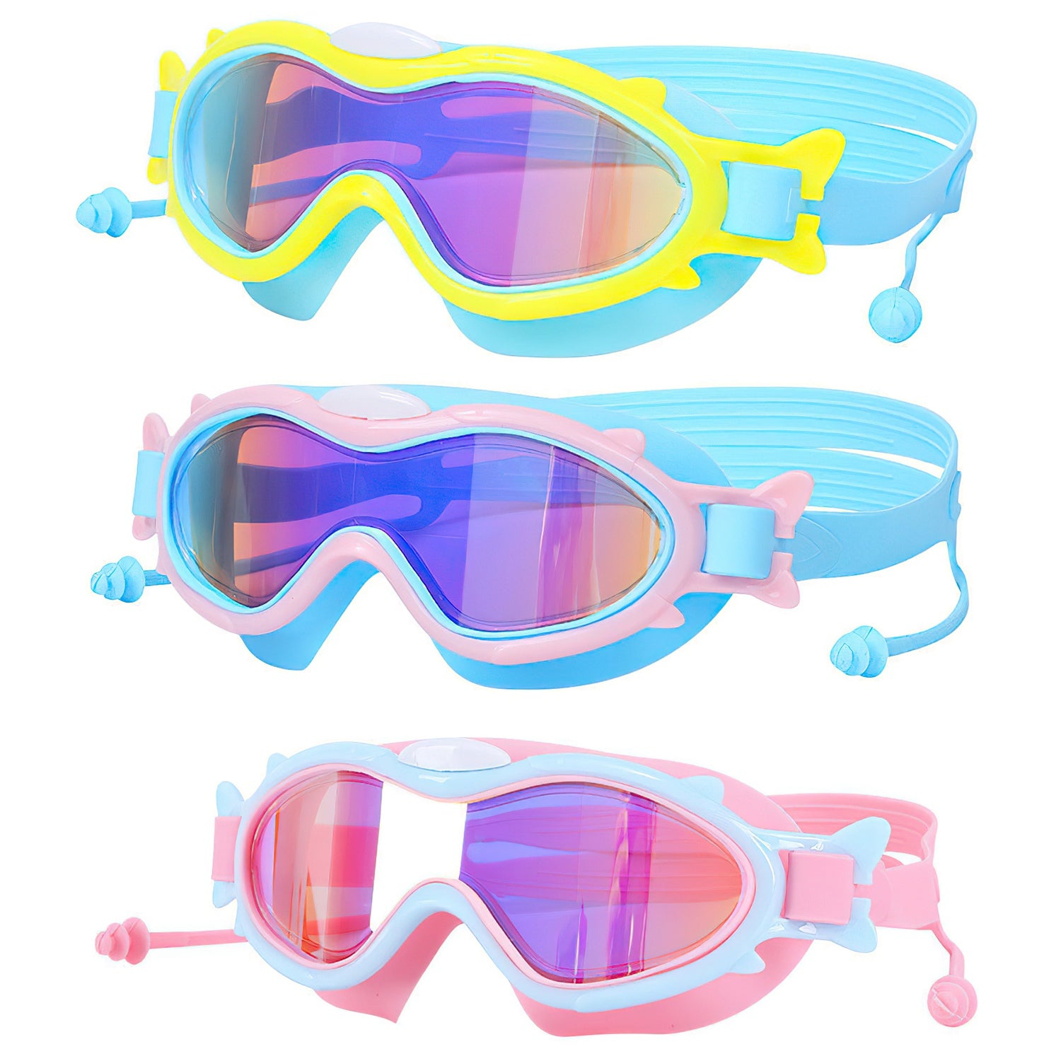 3 Colors Option - 1Pc Kids Swim Goggles With Ear Plugs UV Protection Anti-Fog Leak Proof Wide View Pool Swimming Goggles For Youth Boys Girls Aged 3-16 Years Old Summer Beach Water Park