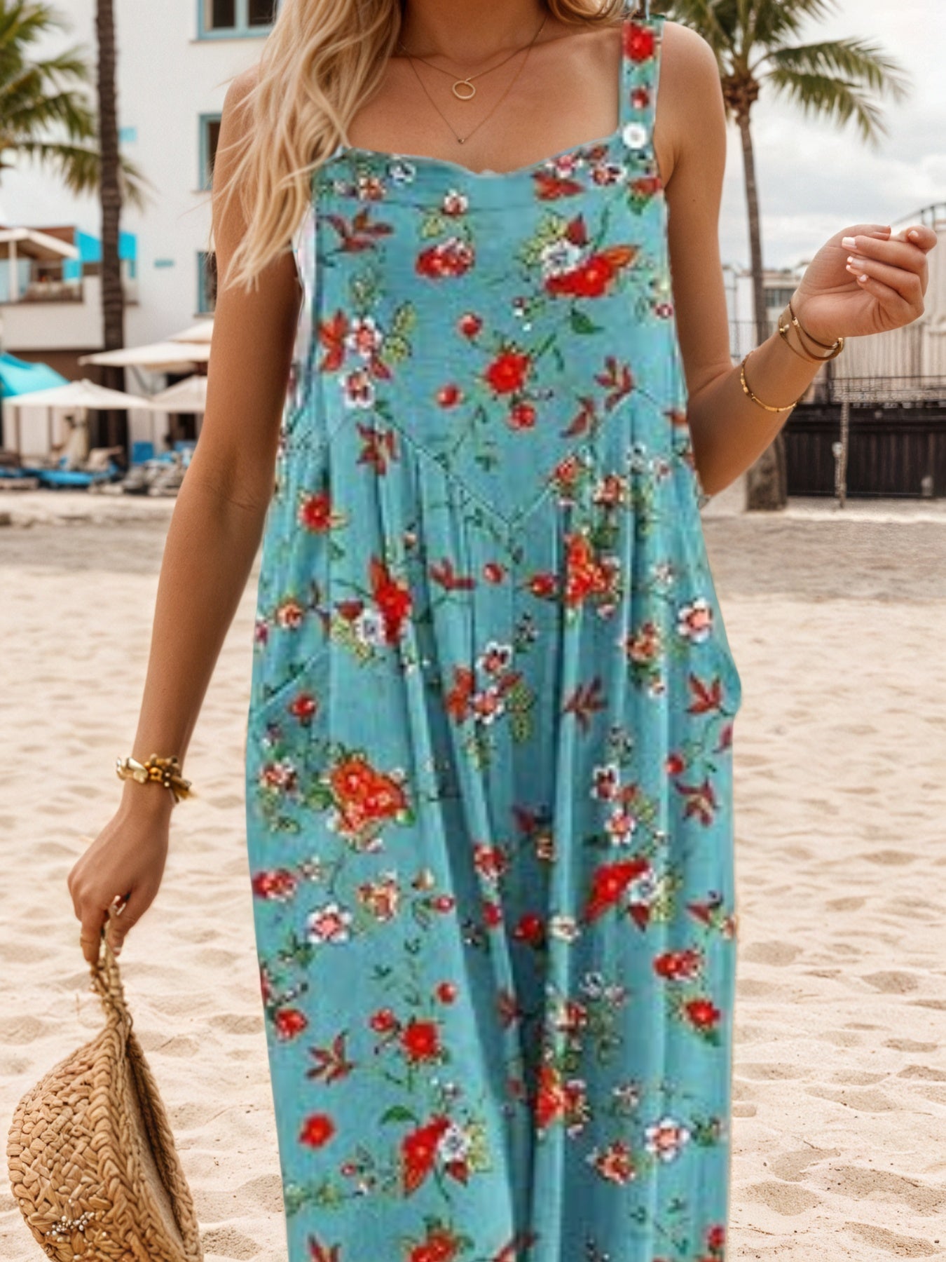 New Women’s Loose Wide Leg Jumpsuit Bohemian Floral Printed Loose Jumpsuit With Pocket Summer Printed Casual Overalls