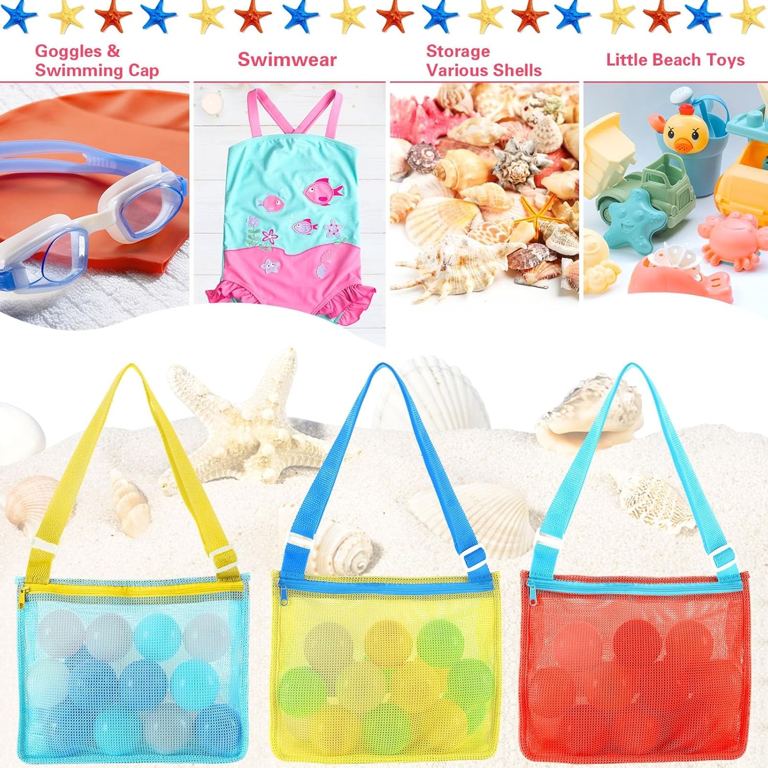 3 Pack Beach Toys Mesh Beach Bag Seashell Bag Sand Toy Shell Collecting For Holding Shells Swimming Pool Storage With Adjustable Carrying Straps For Boys And Girls Clearance