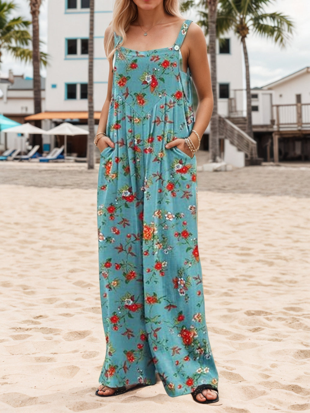 New Women’s Loose Wide Leg Jumpsuit Bohemian Floral Printed Loose Jumpsuit With Pocket Summer Printed Casual Overalls