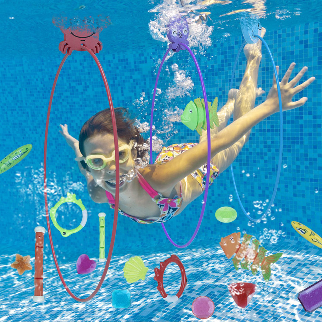 Set Of 24Pcs Diving Toys Swimming Pool Toys Swim Toys For Kids Above Aged 3 Years Old Swim Thru Rings Torpedoes Gems Volleyball Storage Bag