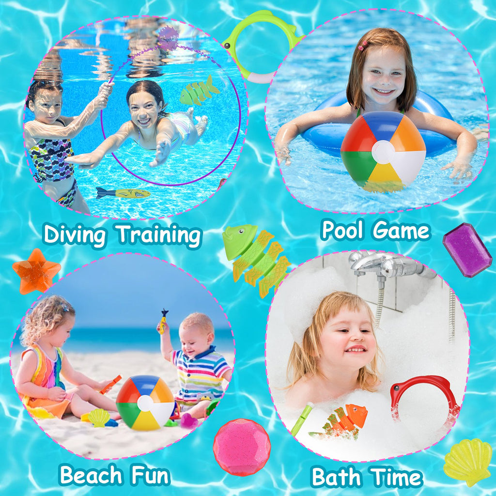 Set Of 24Pcs Diving Toys Swimming Pool Toys Swim Toys For Kids Above Aged 3 Years Old Swim Thru Rings Torpedoes Gems Volleyball Storage Bag