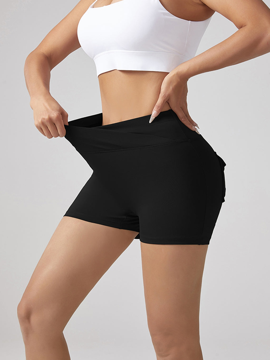 V-waist Stretch Yoga Workwear, Pocket Button Tight Pants, Women's Peach Hip Running And Fitness Shorts