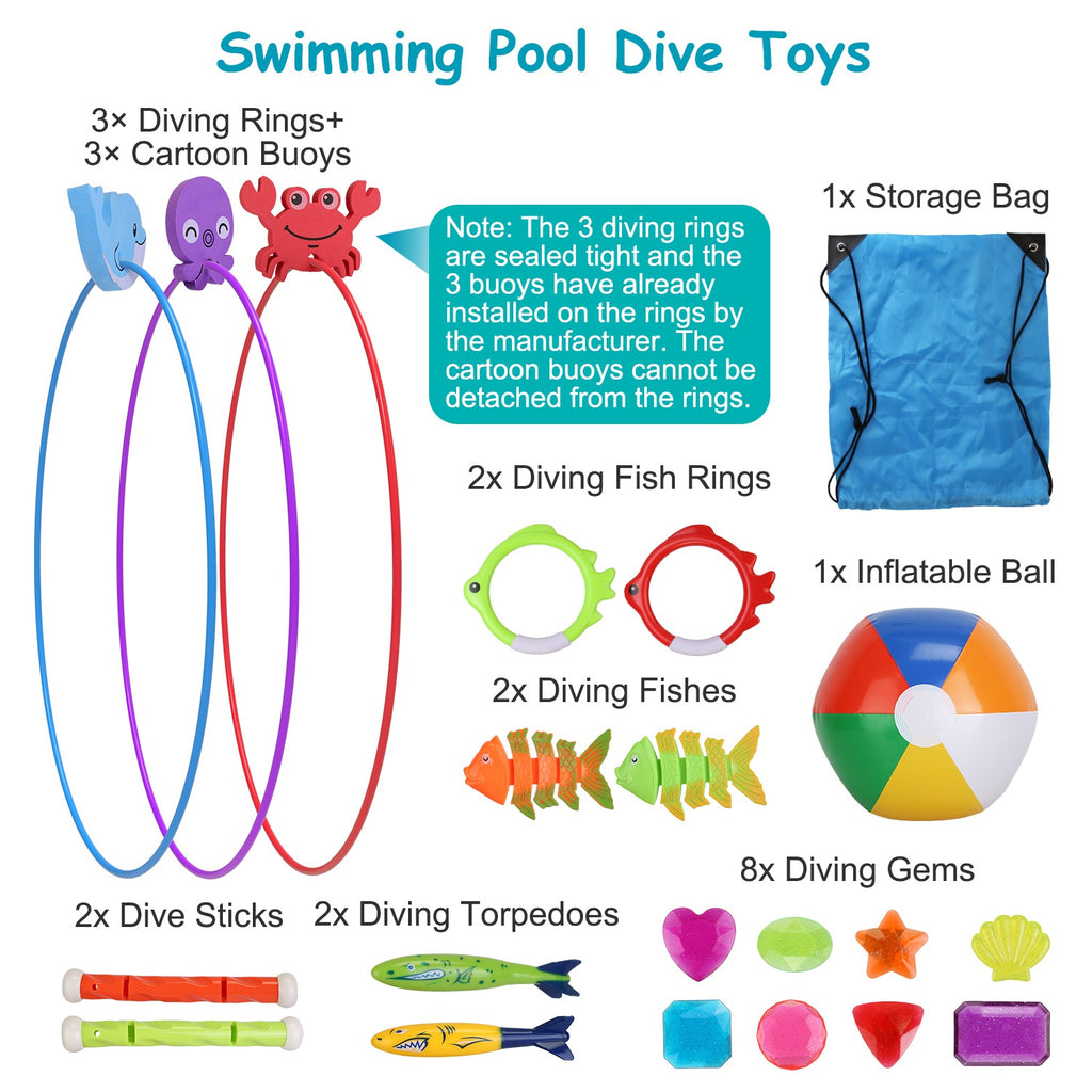 Set Of 24Pcs Diving Toys Swimming Pool Toys Swim Toys For Kids Above Aged 3 Years Old Swim Thru Rings Torpedoes Gems Volleyball Storage Bag