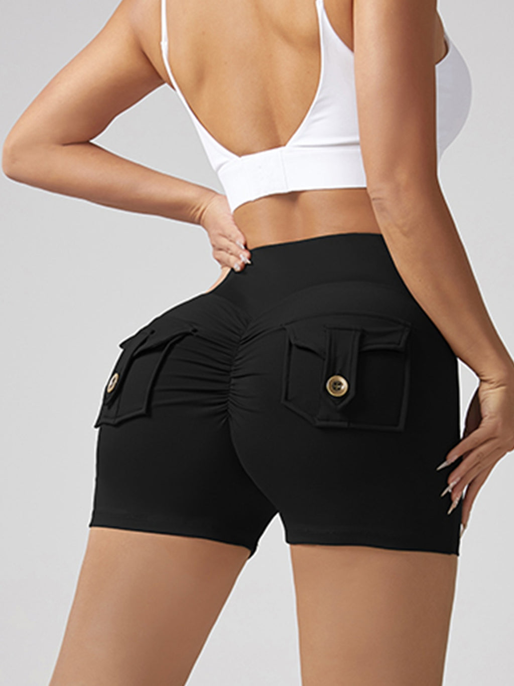 V-waist Stretch Yoga Workwear, Pocket Button Tight Pants, Women's Peach Hip Running And Fitness Shorts