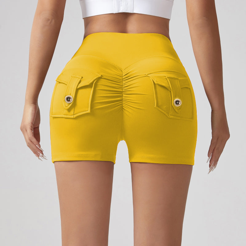 V-waist Stretch Yoga Workwear, Pocket Button Tight Pants, Women's Peach Hip Running And Fitness Shorts